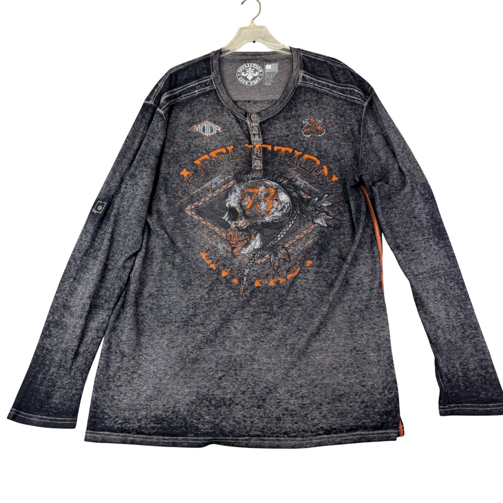 Affliction 3XL Grey Orange Skull Graphic Henley Thermal Shirt Biker Y2K Grunge
